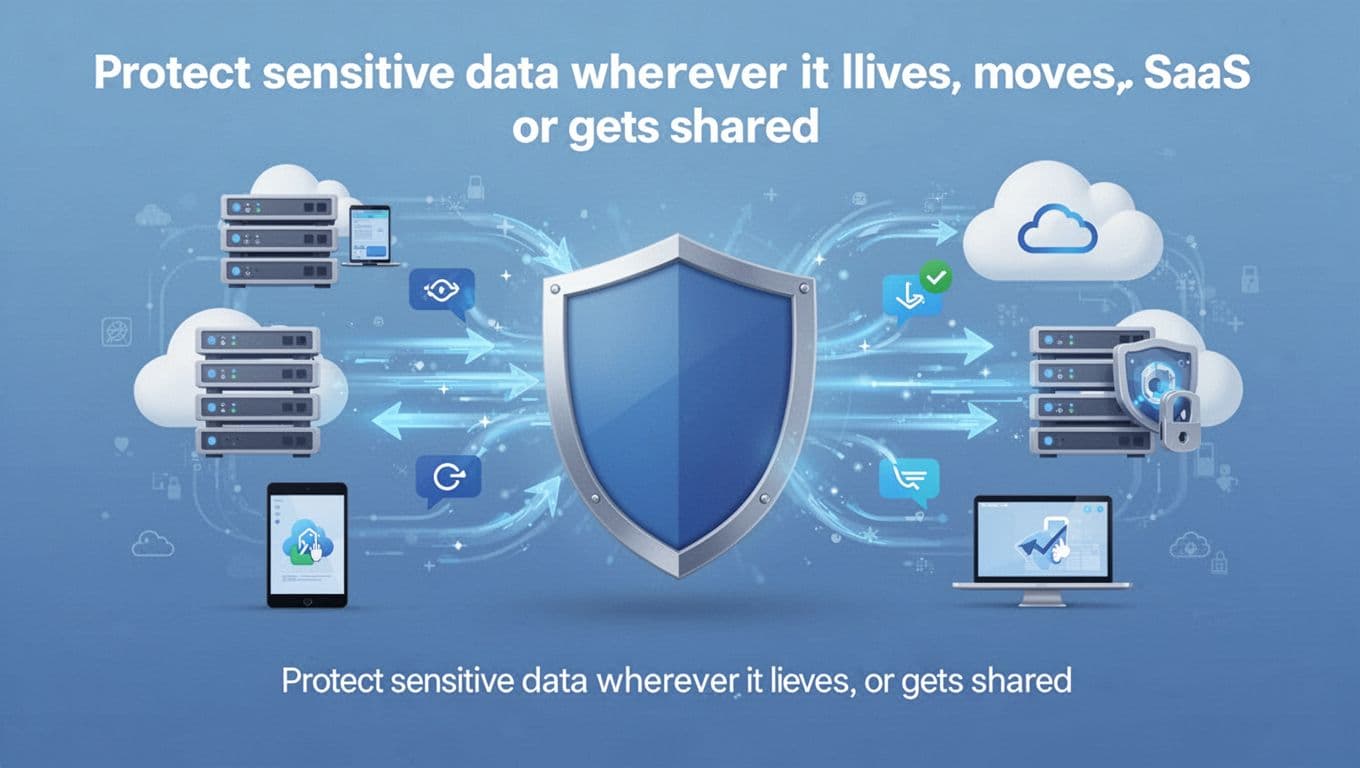 A central shield protects flowing data arrows between cloud servers, user devices, and sharing links in a secure network environment, rendered in cool blue tones with simple illustrative style.