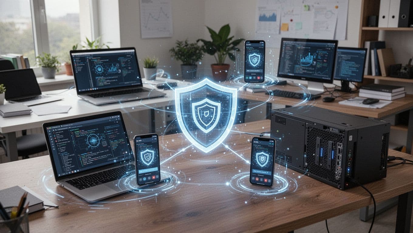 Laptop, desktop, smartphone, and server connected in a secure network with subtle glowing security shields detecting unusual activity, amid office and remote home setups in realistic photographic style.