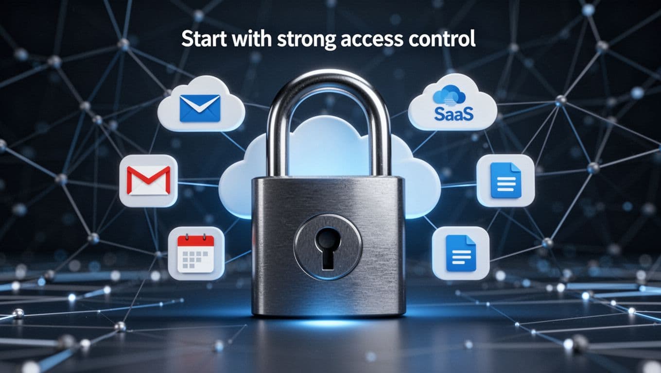 A secure padlock protects icons of cloud SaaS applications like email, calendar, and storage against a modern digital network background with subtle blue glow in realistic 3D style.