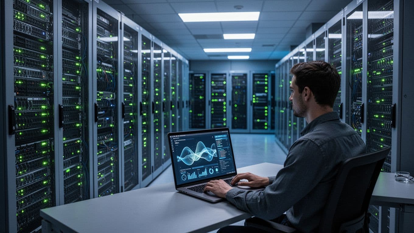 Modern data center server room with Ubuntu Linux servers in racks displaying green protected status lights, IT professional monitoring antivirus dashboard on laptop.