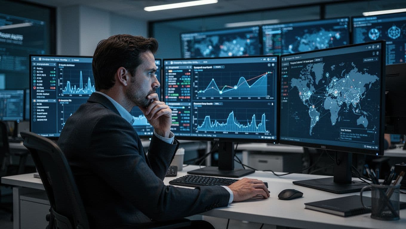 A solo security analyst at a desk in a contemporary operations center reviews alerts on dual monitors showing endpoint telemetry graphs and threat maps, with a concentrated pose, hand on chin, and soft blue glow.