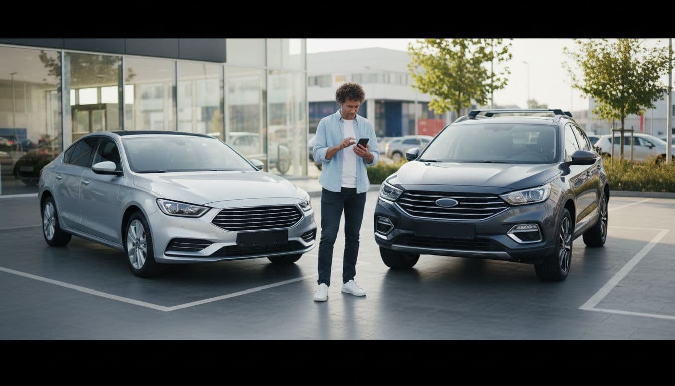 A diverse adult in a relaxed pose compares specs on their phone for a sedan and small SUV positioned side by side in a modern dealership lot under natural afternoon light.