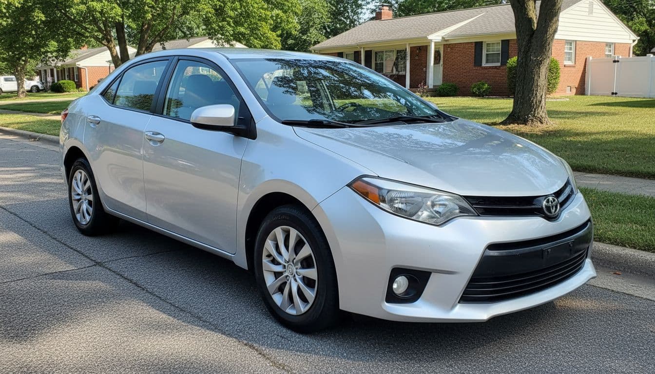 Clean used silver 2014 Toyota Corolla parked on a suburban street during daytime, front three-quarter view in realistic photograph style with natural sunlight.