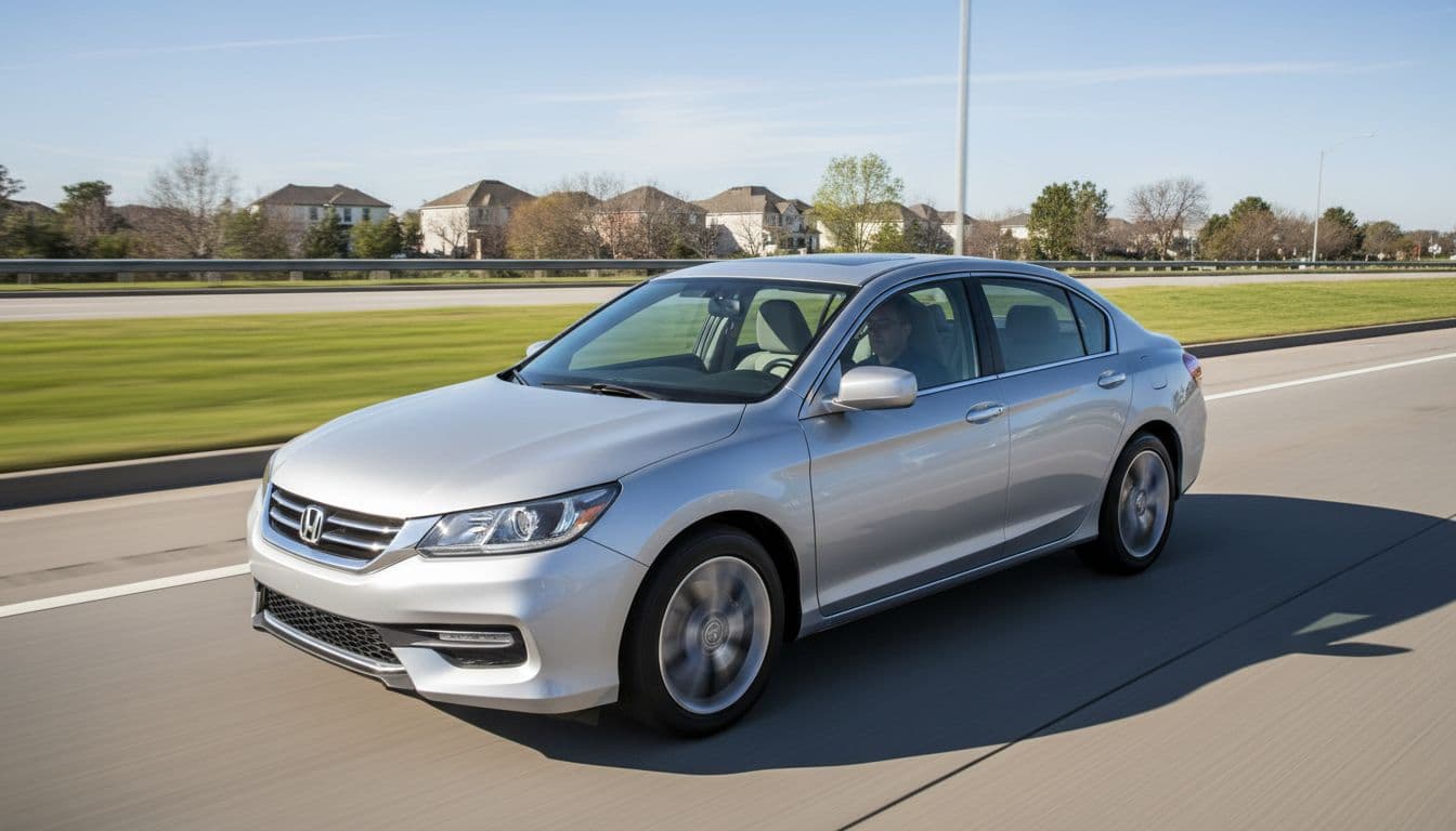 A silver 2016 Honda Accord sedan driving smoothly on a sunny suburban highway with spacious comfortable interior visible through front seats, in realistic photograph style with natural daylight.