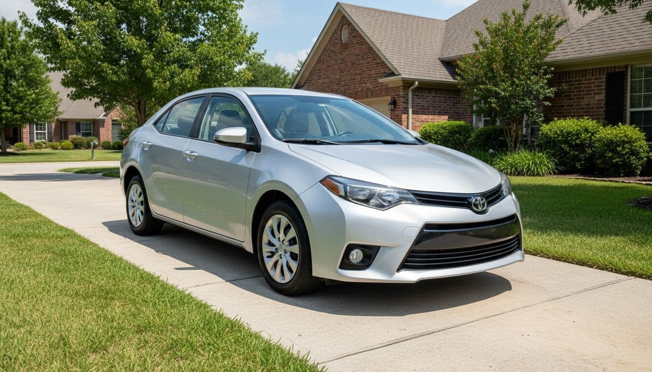 A clean, well-maintained silver 2017 Toyota Corolla sedan parked in a suburban driveway on a clear day, shown in front three-quarter view under bright natural daylight.