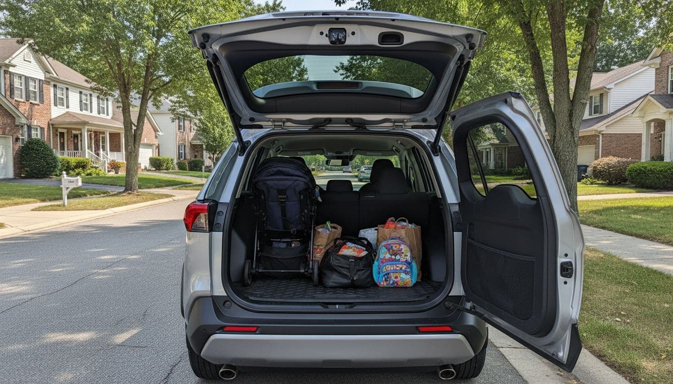 Silver 2020 Toyota RAV4 parked on a suburban street with open trunk revealing spacious cargo area containing family items like a stroller and bags, captured in clear daylight realistic photo.