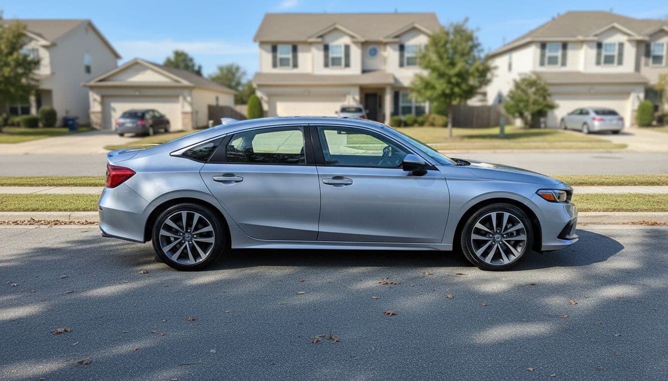 Clean silver 2022 Honda Civic sedan parked on a sunny suburban street, featuring modern compact car design in realistic photograph style with natural daylight and wide-angle full vehicle view.