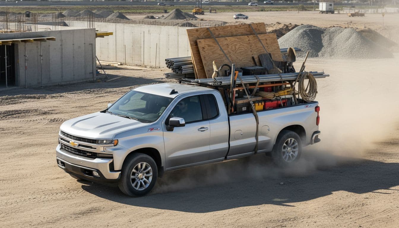 Photorealistic landscape of a silver 2026 Chevy Silverado 1500 Double Cab Long Bed filled with 89 cubic feet of bulky cargo like plywood, pipes, and tools in the bed at a worksite under natural daytime light.