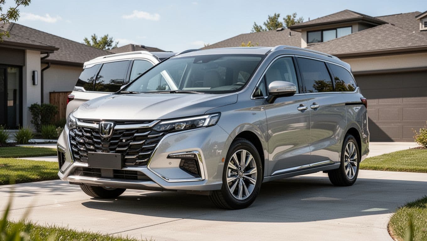 Bold front three-quarter view of a silver 2026 Kia Carnival minivan parked in a modern suburban driveway on a sunny day, featuring aggressive grille, LED headlights, sleek roofline, chrome accents, and alloy wheels in realistic automotive photography style.