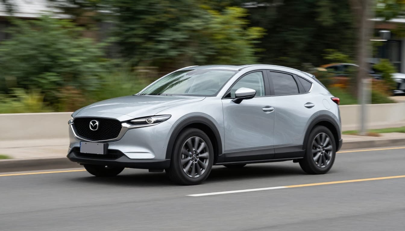A silver 2026 Mazda CX-30 subcompact SUV drives confidently on a smooth winding suburban road during daytime, captured from a dynamic side angle in realistic photography style.