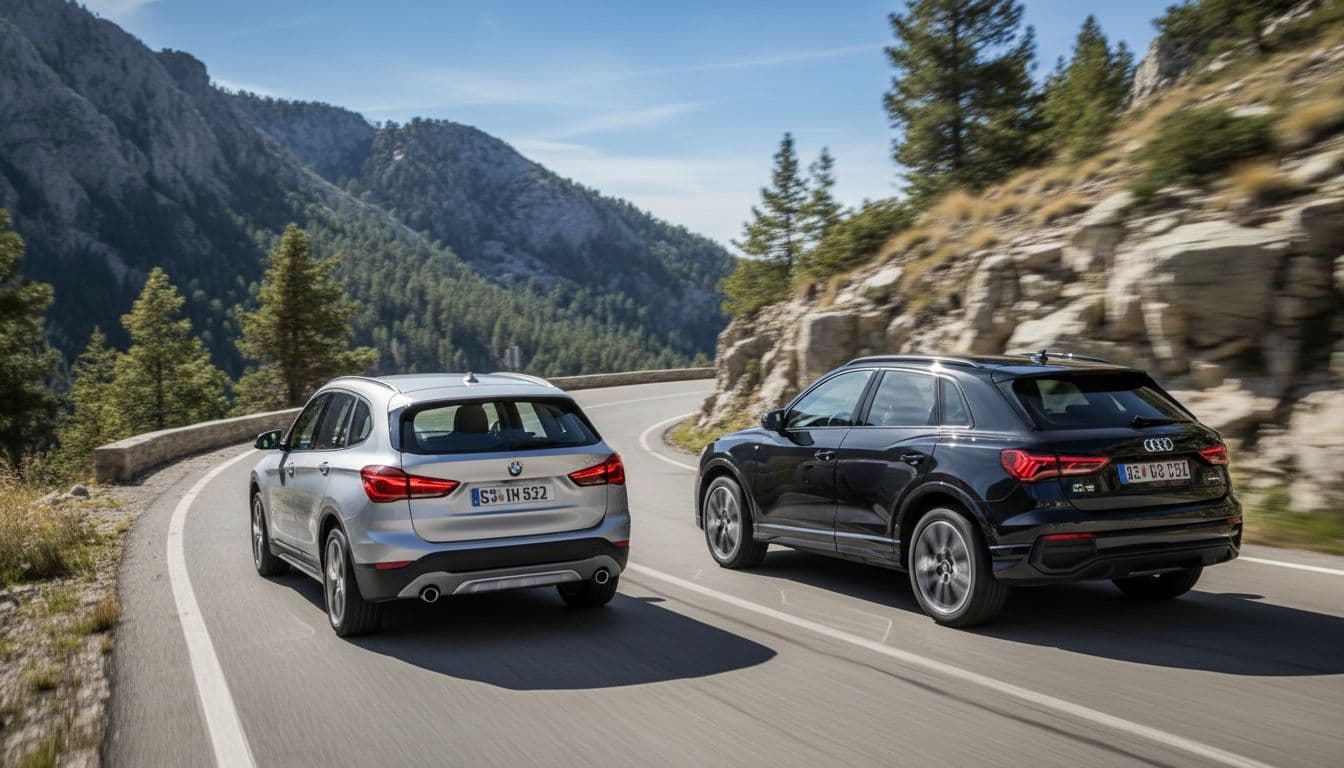 Side-by-side action shot of a silver BMW X1 and black Audi Q3 driving on a winding mountain road under sunny skies, rear three-quarter view with sharp focus on vehicles.