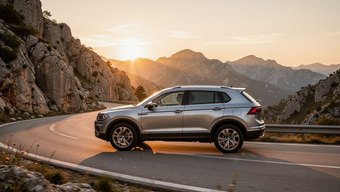 A silver 2026 Ford Bronco Sport Big Bend drives dynamically on a winding paved mountain road during golden hour sunset, showcasing its handling stance in realistic photography style.