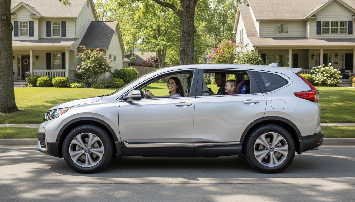 Silver Honda CR-V SUV driving on a suburban road during daytime with roomy interior visible, featuring two adults and one child inside, captured in realistic photography style under natural sunlight.