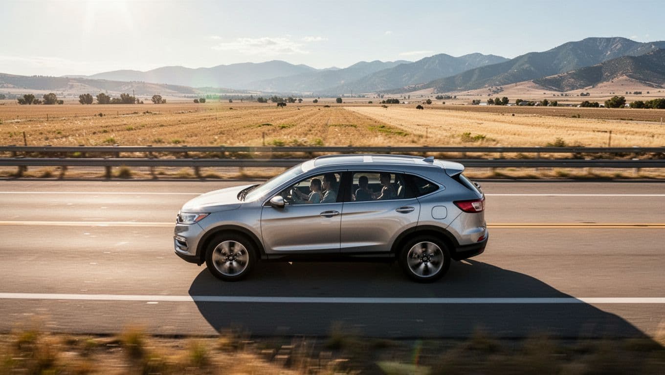 Silver hybrid SUV driving smoothly on a sunny interstate highway through rural America, family silhouette visible inside through windows, vast open road ahead with distant mountains, aerial side view.