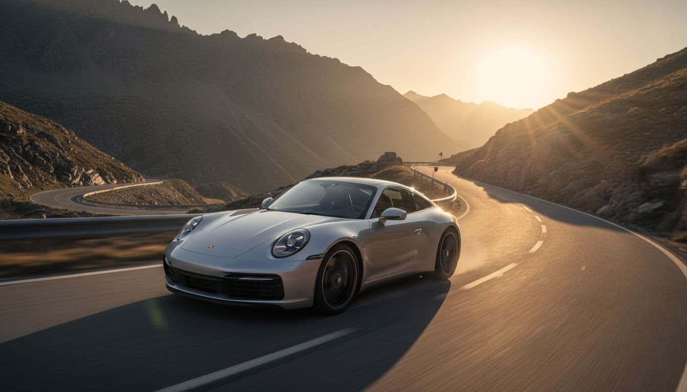Silver Porsche 911 Carrera GTS T-Hybrid sports car driving dynamically on a winding mountain road during golden hour, low-angle action shot with motion blur on wheels highlighting speed and sharp turns.