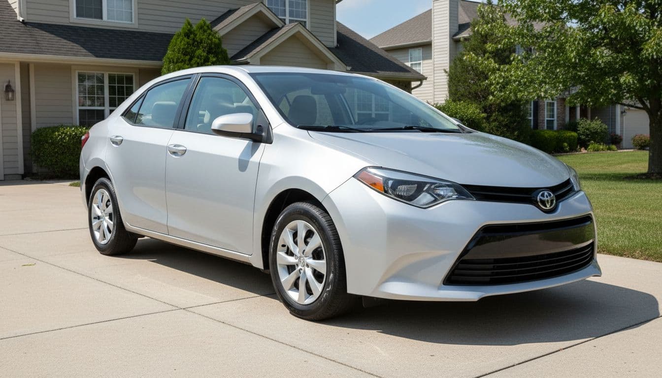 A silver Toyota Corolla LE sedan parked in a suburban driveway, front three-quarter view under bright natural daylight, realistic photo style with no people or additional vehicles.