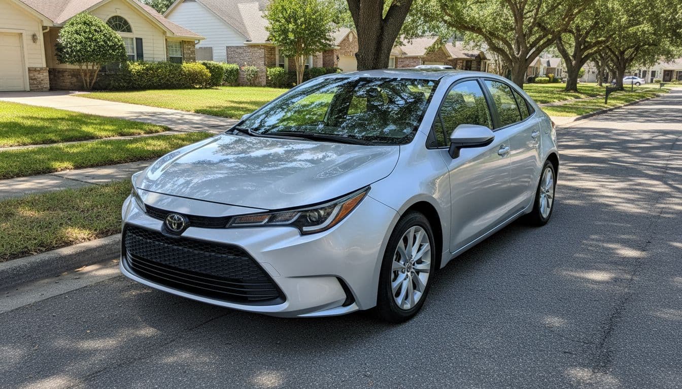 A sleek silver Toyota Corolla sedan parked on a sunny suburban street, captured in front three-quarter view with natural daylight lighting and realistic photo style.