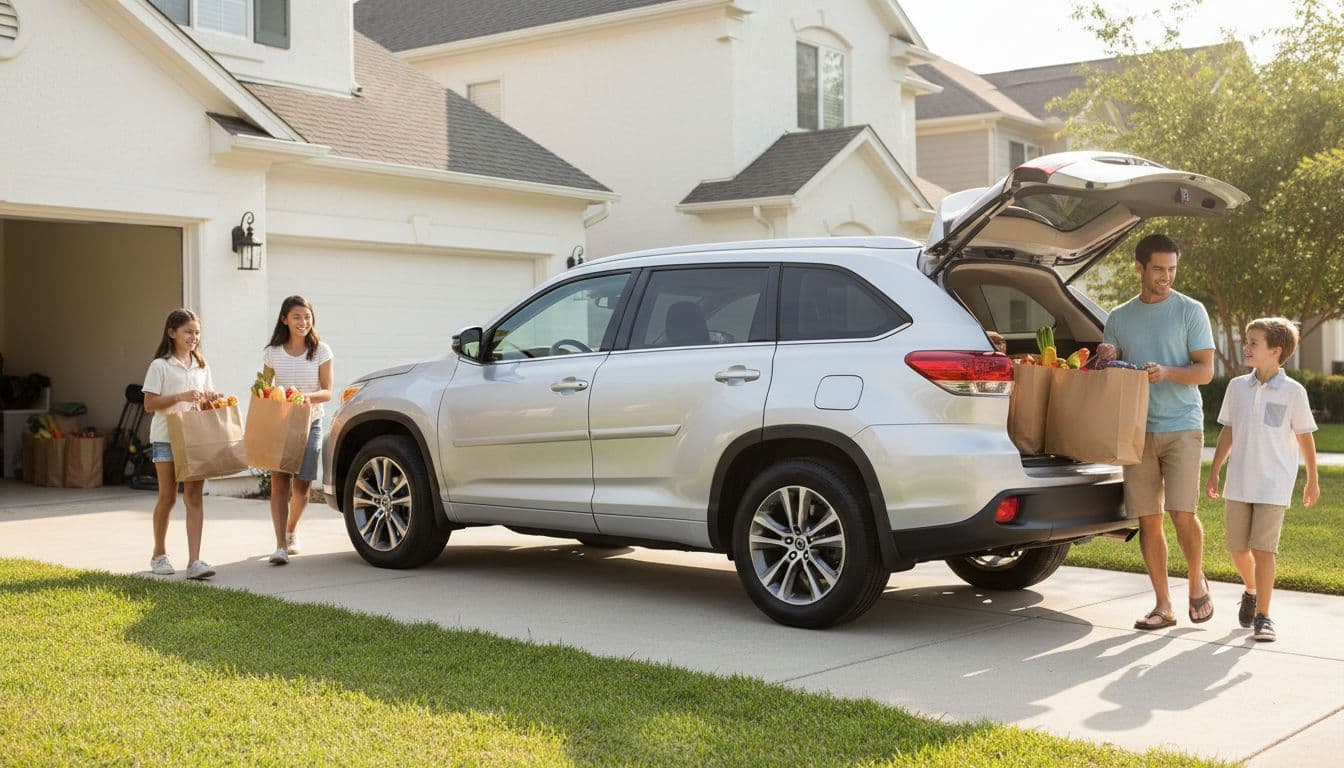 Silver Toyota Highlander midsize SUV parked in a sunny suburban driveway, with a family of four unloading shopping bags from the back in natural daylight, wide angle realistic photograph.