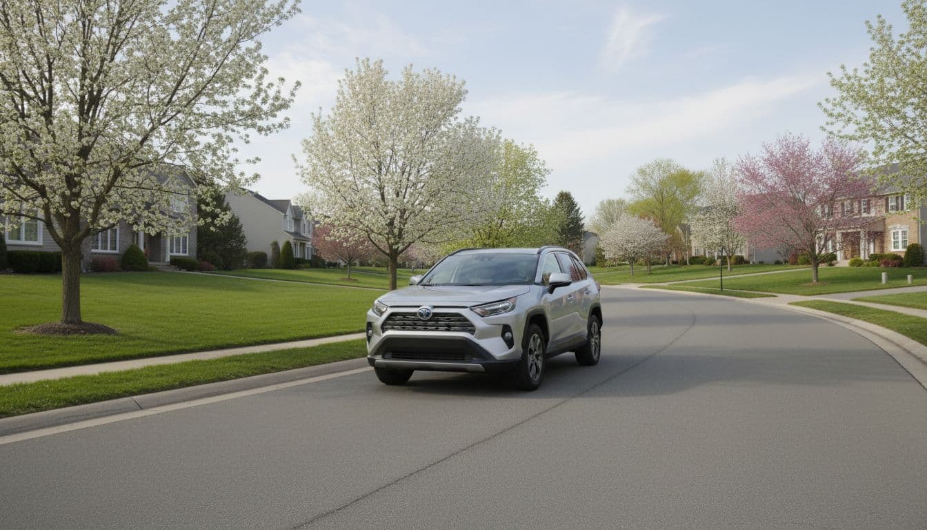 Silver Toyota RAV4 Hybrid SUV driving on a winding suburban road in spring daylight, realistic photography with soft natural lighting, centered vehicle, no people or text.