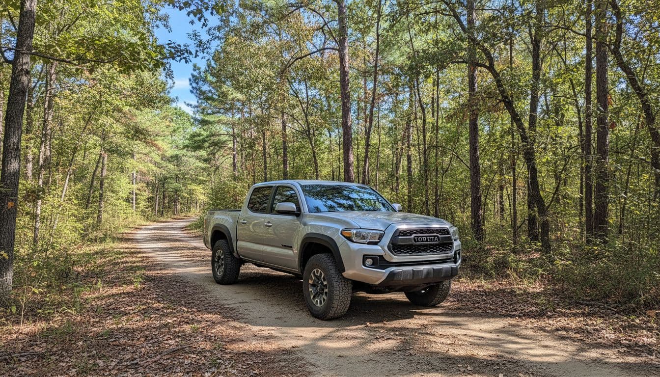 Silver Toyota Tacoma pickup truck parked on a dirt road near woods, front three-quarter view showing rugged tires and bed in clear daytime light, photorealistic style.