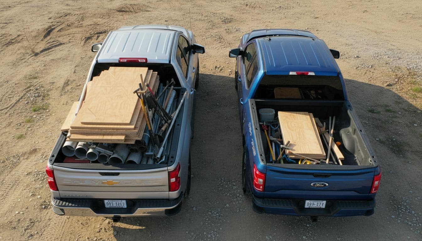 Photorealistic overhead landscape view comparing open truck beds of a silver 2026 Chevy Silverado 1500 filled with more volume of bulky construction materials like plywood, pipes, and tools next to a blue 2026 Ford F-150 with less cargo volume, natural outdoor lighting, exactly two beds side by side.