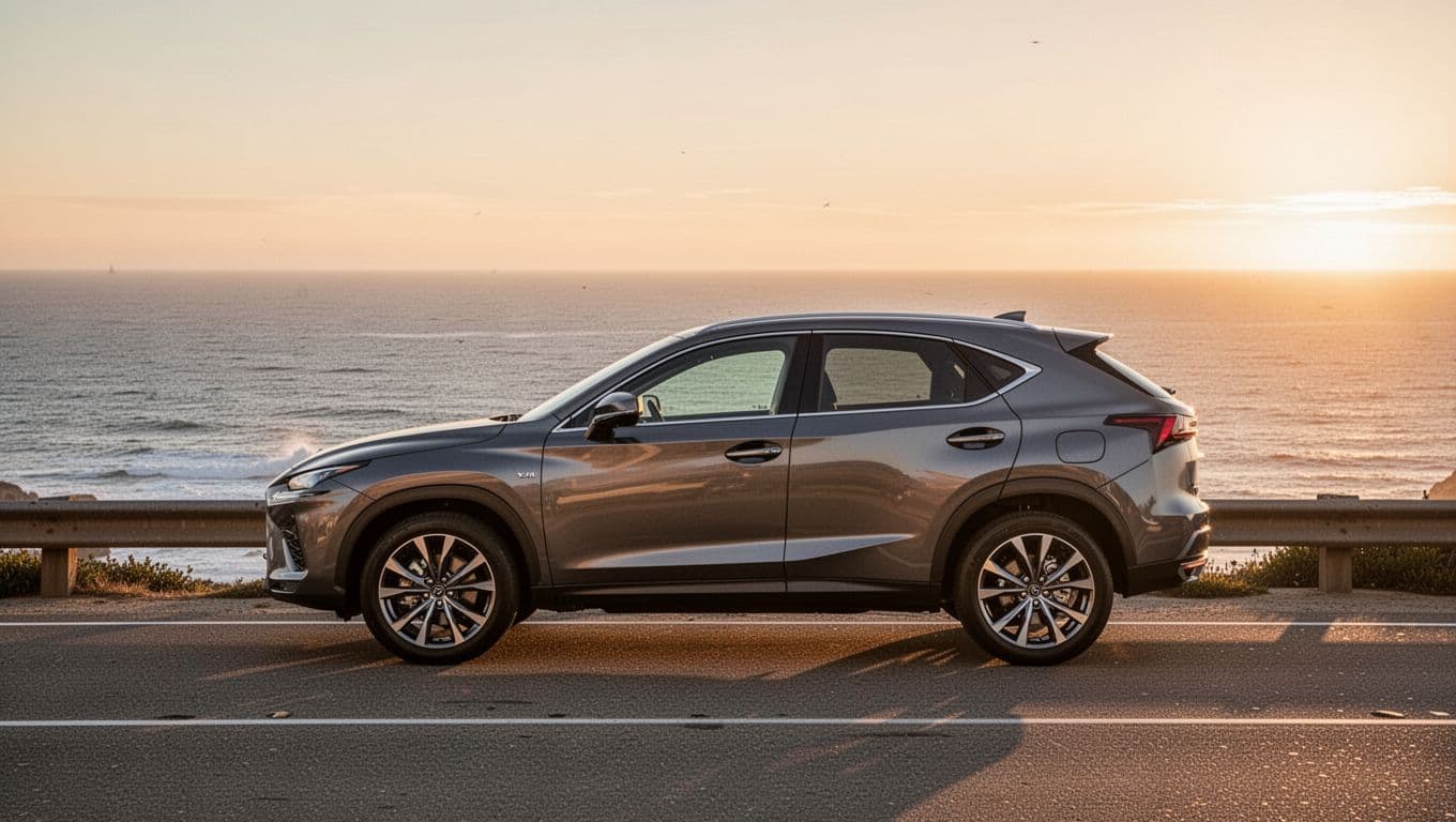 Sleek metallic gray Mazda CX-70 two-row midsize SUV parked on a coastal highway overlook at sunset, side profile highlighting sharp lines, wheels, and sporty stance with ocean background and warm golden hour lighting.