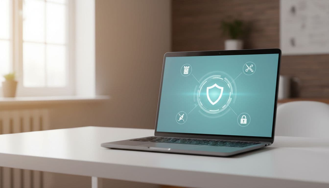 A sleek laptop on a clean desk displays a simple antivirus interface surrounded by faint icons for firewall, anti-phishing, and ransomware protection in a softly focused home office with natural window light.