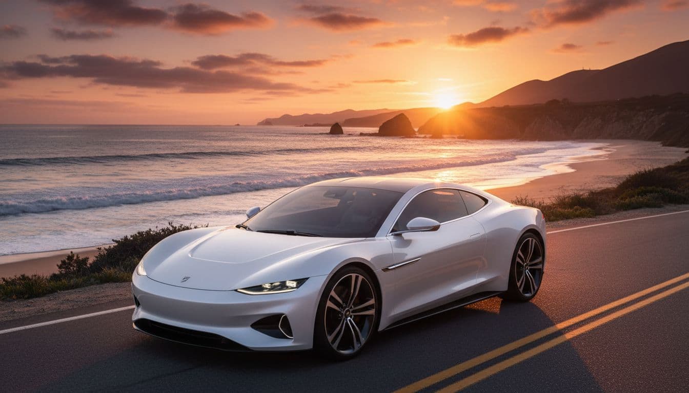 Photorealistic high-resolution image of a sleek modern electric car parked on a coastal road at sunset, with sharp chrome details, body reflections, ocean waves in the background, and dramatic golden lighting.