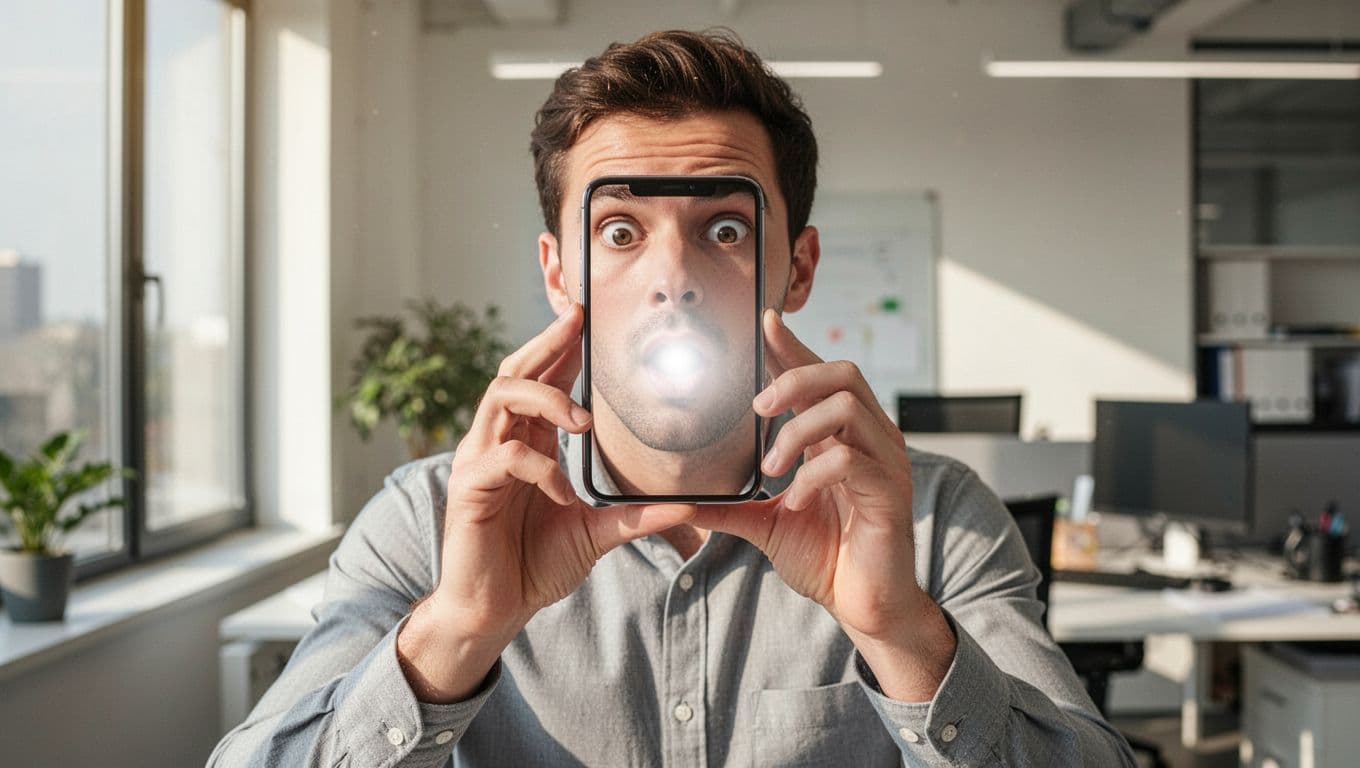 A surprised small business employee in a bright modern office holds a smartphone at eye level, displaying a glowing data breach alert notification partially obscuring the face, with daylight from the window.