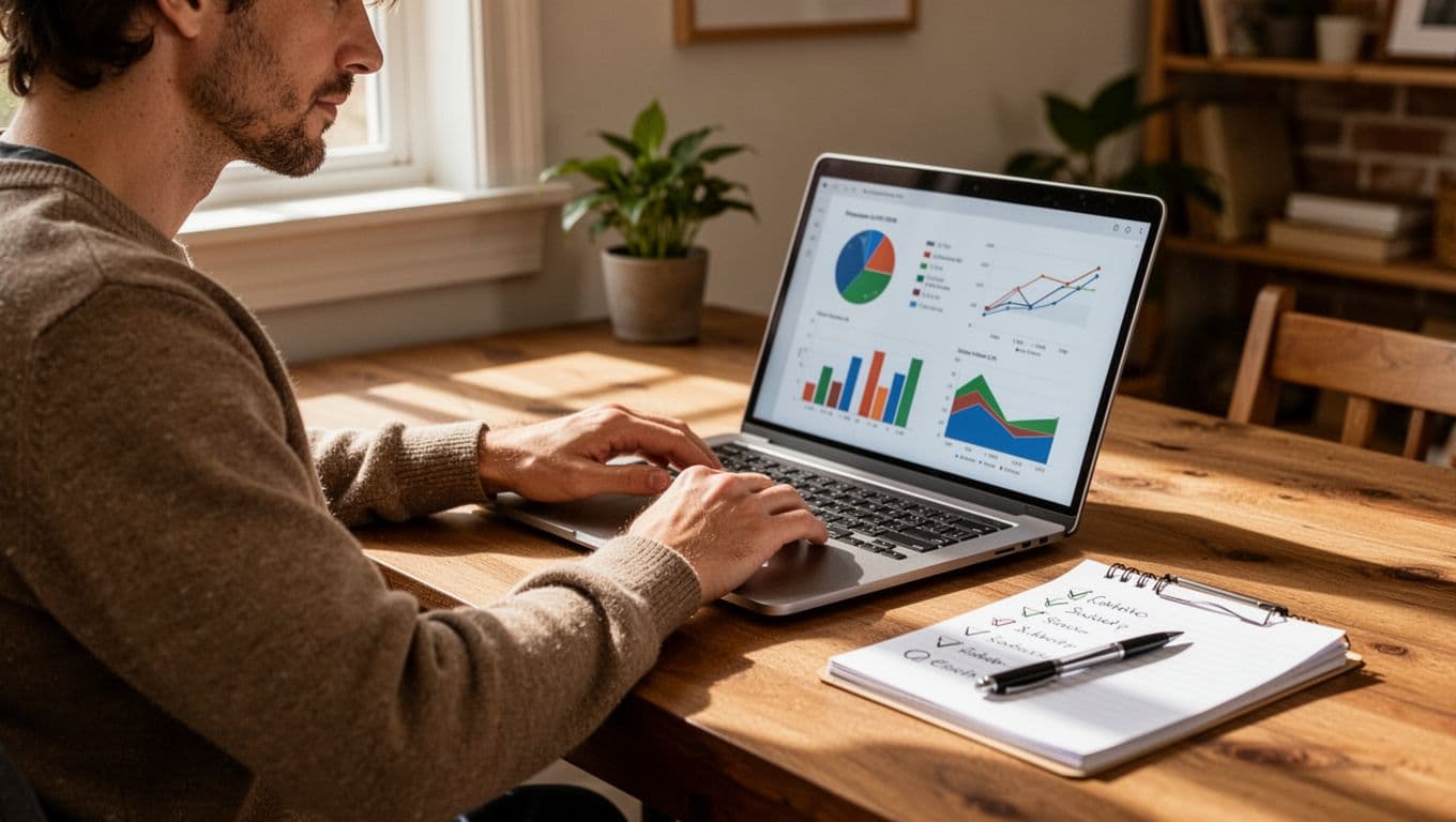 A focused small business owner in a cozy home office at a wooden desk reviews vague pricing tiers for GDPR software on an open laptop, with a notepad checklist and pen nearby, natural daylight from window.