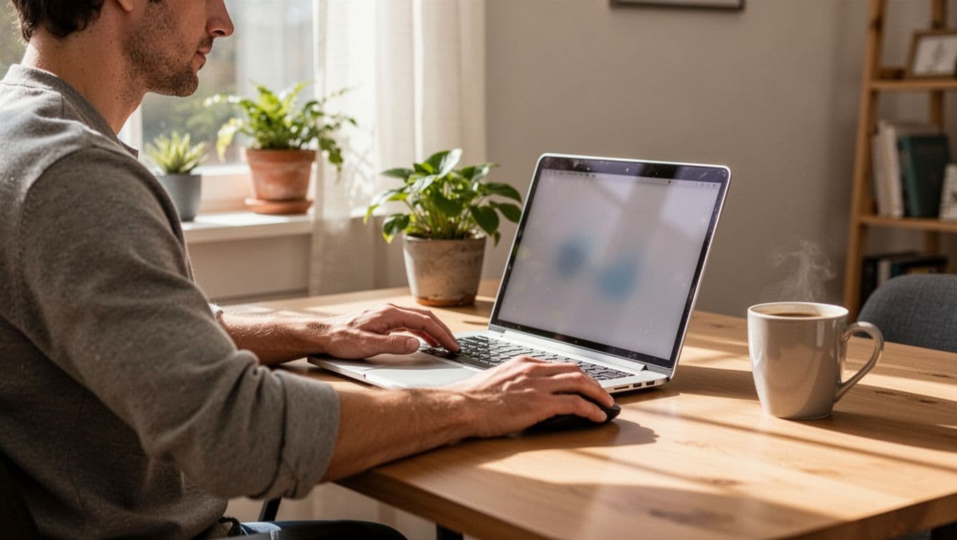 Small business owner in a bright home office sits relaxed at a desk with laptop open to a customizable consent banner editor interface from side angle, screen slightly blurred, plants and coffee mug nearby, natural daylight lighting, realistic photo.