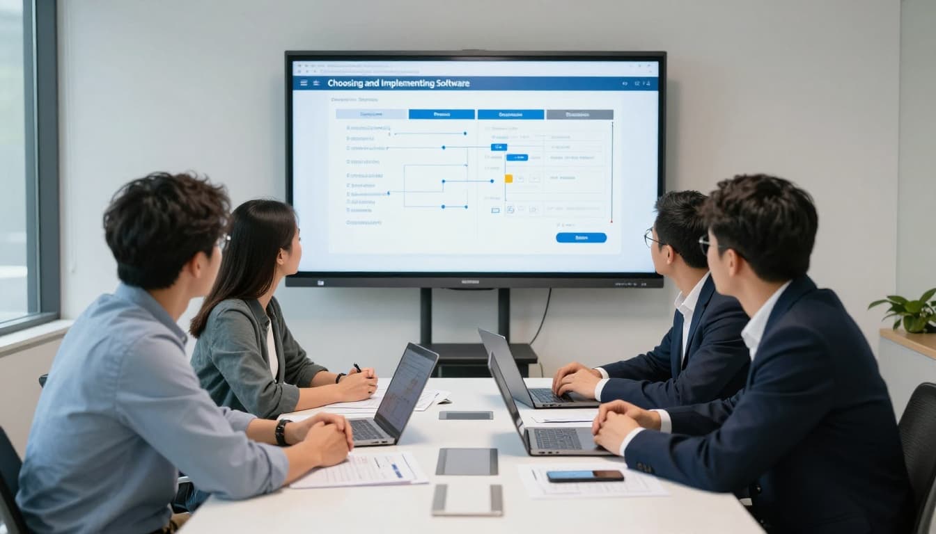 Three small business owners seated around a conference table in a modern meeting room, discussing project timelines on a shared screen with laptops and printed plans, dressed in professional casual attire under bright overhead lighting.