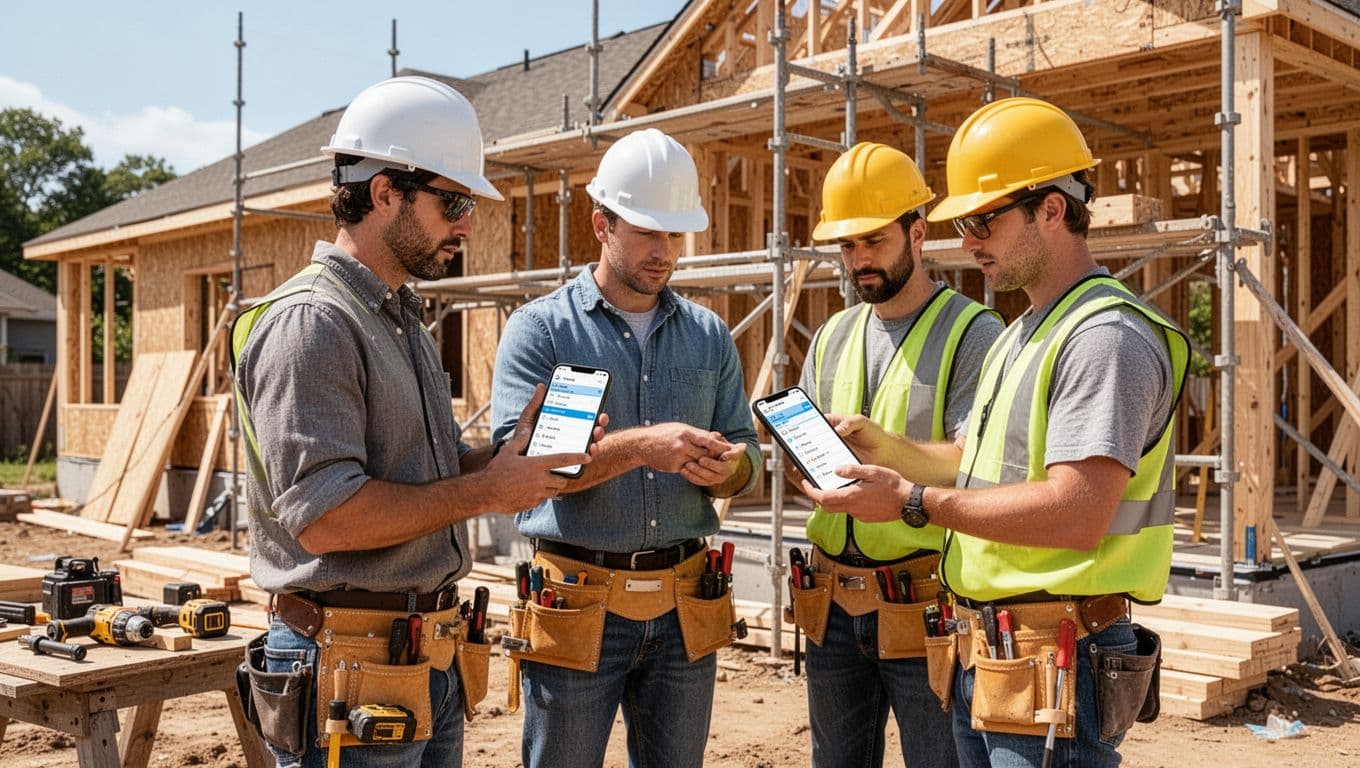 A team of three construction subcontractors on a sunny residential jobsite uses smartphones to review a simple scheduling app, with tools and materials around scaffold and house frame.