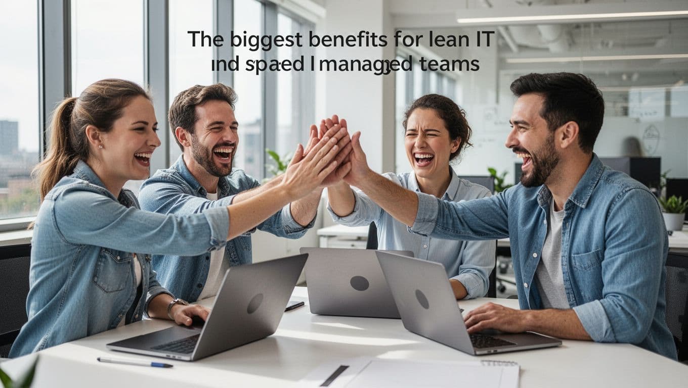 A small IT security team of three in a bright modern office high-fives over laptops, celebrating quick incident resolution with relieved happy expressions and casual attire.