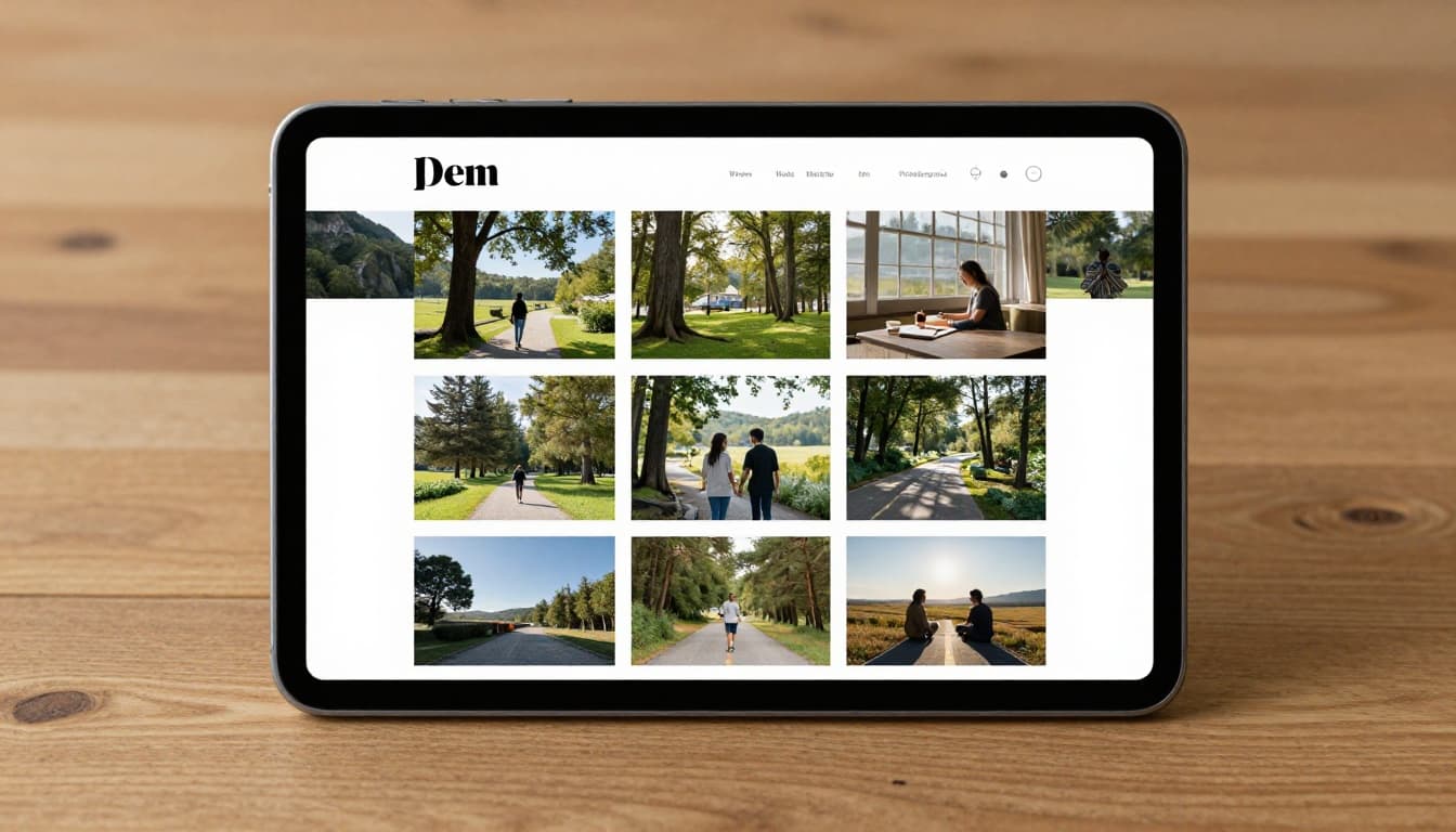 A smartphone rests on a wooden desk, its screen showcasing a clean, modern photo gallery website with large high-resolution landscape and portrait photographs of nature and people in a simple grid layout, lit by natural daylight, photorealistic with sharp focus on screen details.
