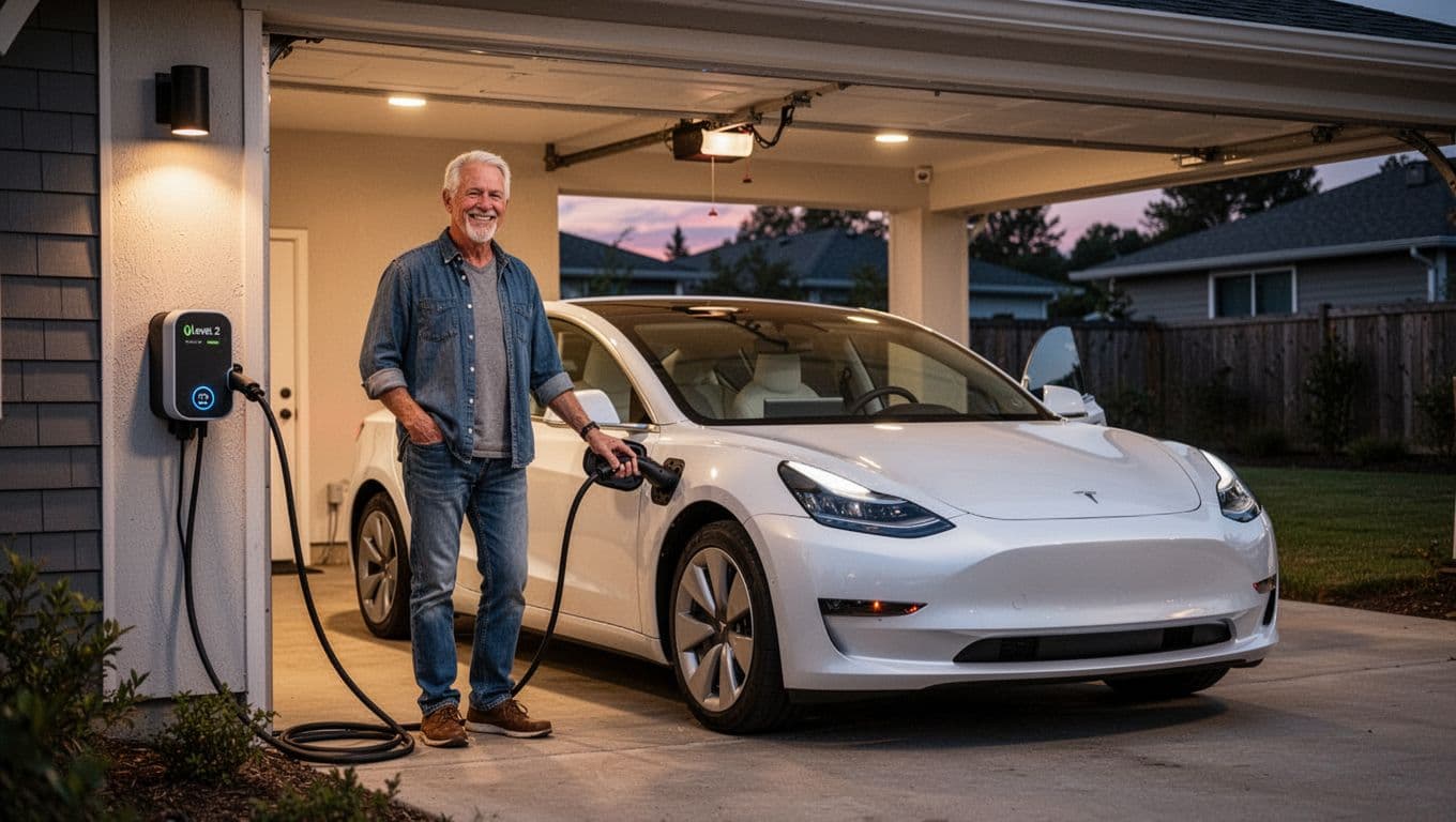 Smiling middle-aged driver in casual clothes plugging white electric sedan into Level 2 home wall charger in modern open suburban garage at dusk, relaxed pose.