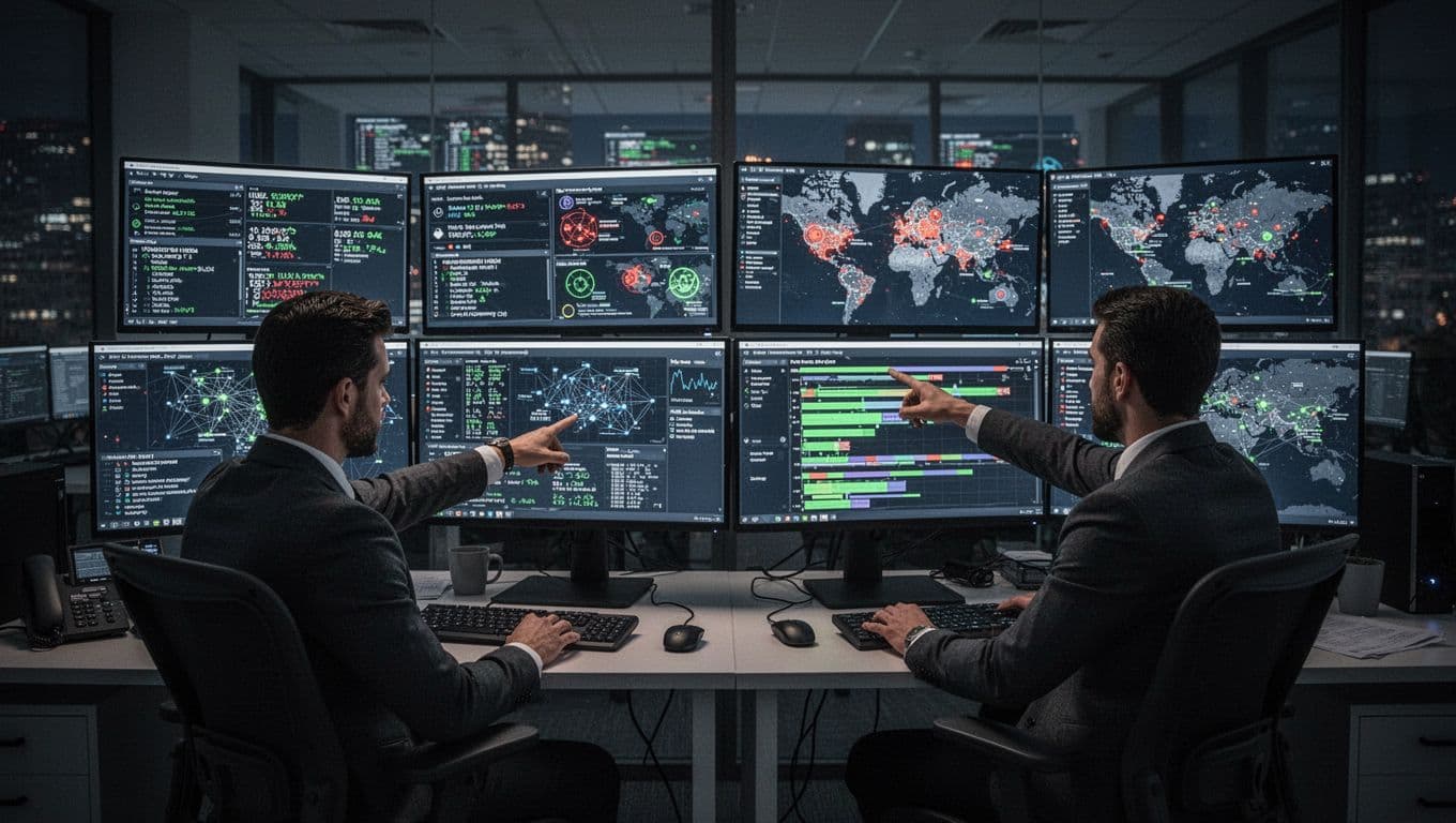 Two analysts in a dimly lit security operations center at night, working at desks with multiple monitors displaying network alerts, threat maps, and investigation timelines; one points to the screen while the other types, capturing the dynamic alert triage to response workflow.