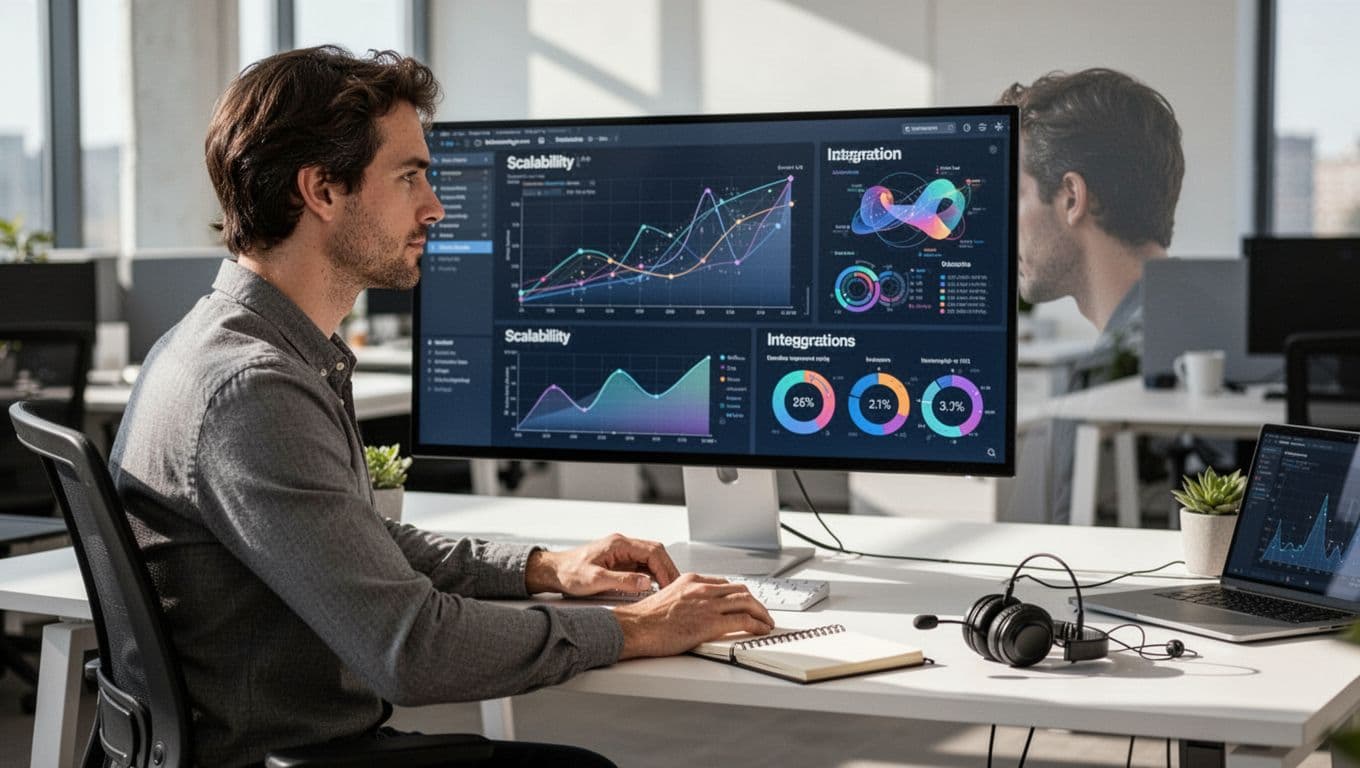 A software architect in a professional office workspace examines a monitor displaying a codeless testing scalability dashboard with graphs for parallel runs, CI/CD integrations, and team growth metrics. The scene features natural daylight, a notebook, and headset nearby, photorealistic style with exactly one person.