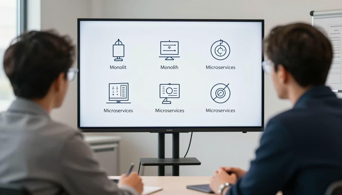 A software architect and project manager in a modern conference room discuss an architecture blueprint on a shared screen featuring monolith and microservices icons, in a realistic photo style with natural daylight.