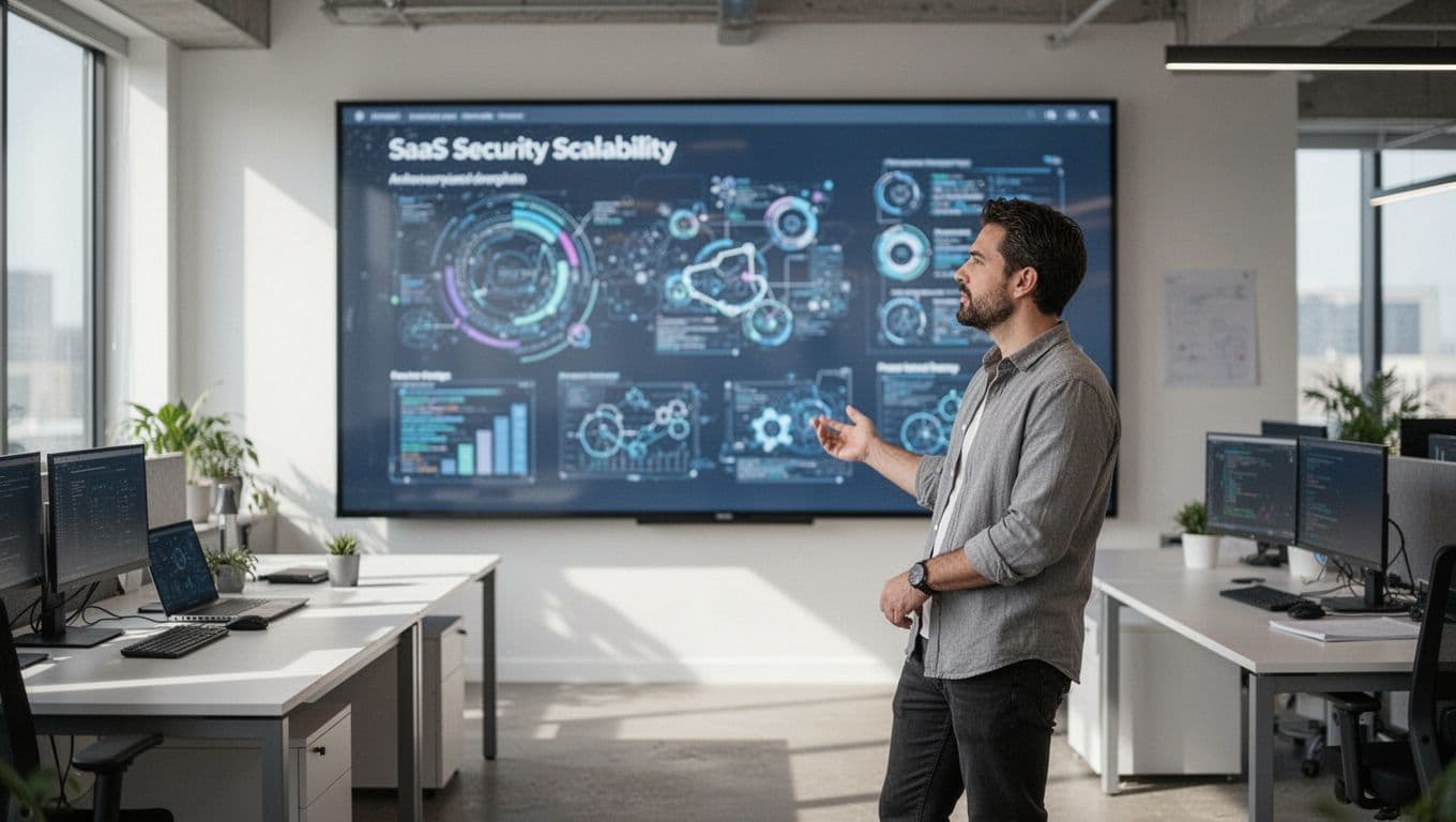 A software architect stands relaxed in a bright tech office, examining diagrams for SaaS security and scalability on a large monitor with blurred API microservices, AI nodes, and compliance icons.
