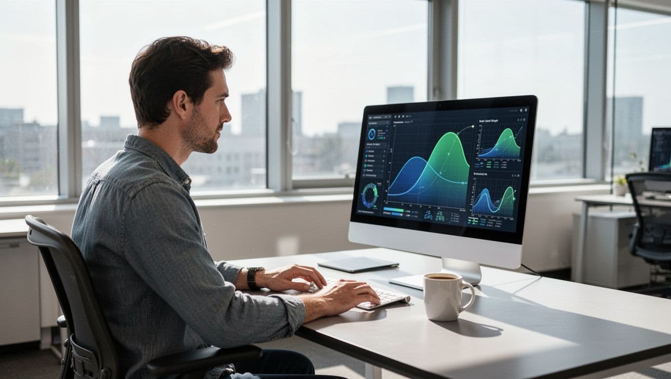 A software developer sits at a desk in a bright modern office, viewing a laptop screen with a blurred SaaS dashboard showing AI learning curves, real-time adaptation icons, and churn prediction graphs in blues and greens. Coffee mug beside keyboard, captured in realistic photography with natural daylight from a window.