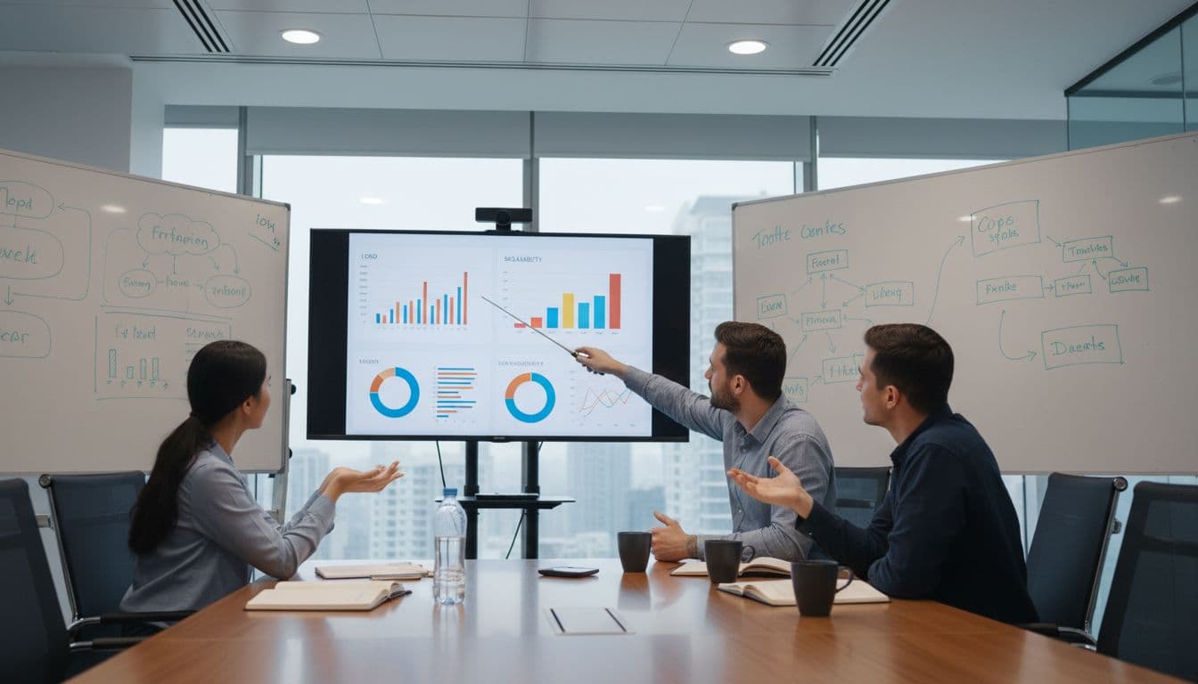 A team of three software developers in a bright meeting room collaboratively reviews performance test reports on a shared screen displaying load and scalability charts, surrounded by whiteboards and coffee mugs.