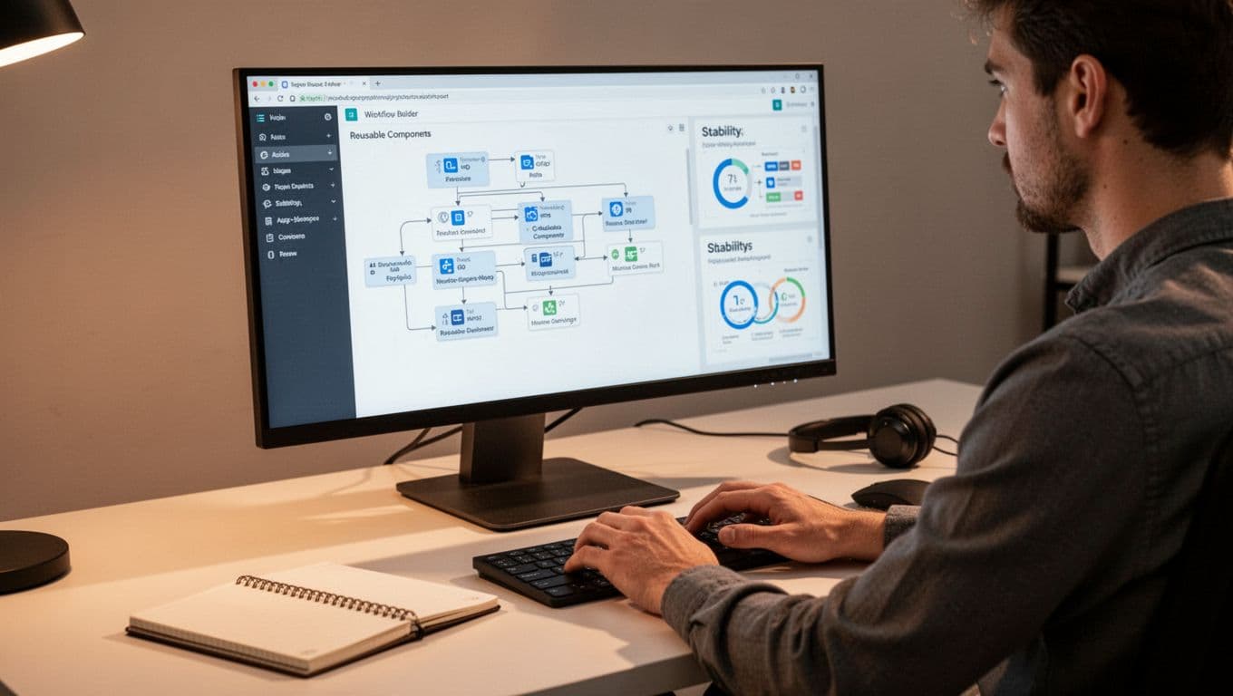 A software quality engineer works in a contemporary workspace, with a computer screen displaying a visual test flow builder featuring reusable components and a stability dashboard akin to Testim or Leapwork. Hands rest near the keyboard, accompanied by a notebook and headset under warm ambient lighting, in a photorealistic focused composition.