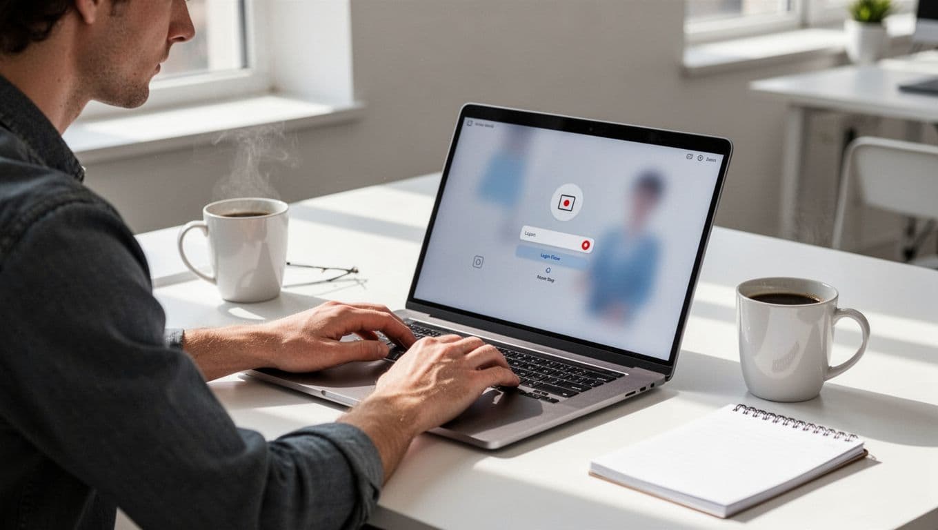 A focused software tester at a modern desk uses a laptop with a simple codeless testing interface showing a record button and drag-and-drop steps for a login flow, with coffee mug and notepad nearby in natural daylight.