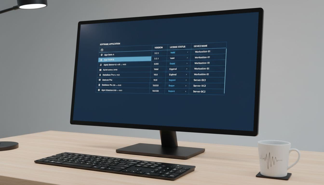 Modern IT dashboard on a computer screen showing lists of software applications, versions, license statuses, and device names in a table format. Office desk setting with one monitor, keyboard, and coffee mug nearby.