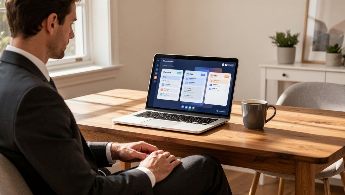 A solo consultant sits relaxed in a bright home office at a wooden desk with an open laptop showing a clean project management dashboard: task list on left, invoice summary center, client portal preview right, coffee mug nearby, natural light.