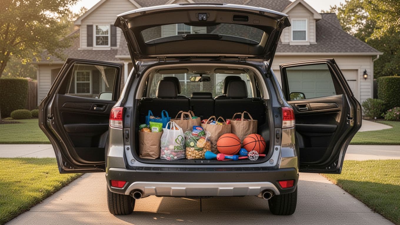 Spacious cargo area of a crossover SUV loaded with groceries and sports gear, rear door open in a suburban driveway under soft afternoon sunlight. Realistic photo highlighting practical family storage space with empty seats visible and no people present.