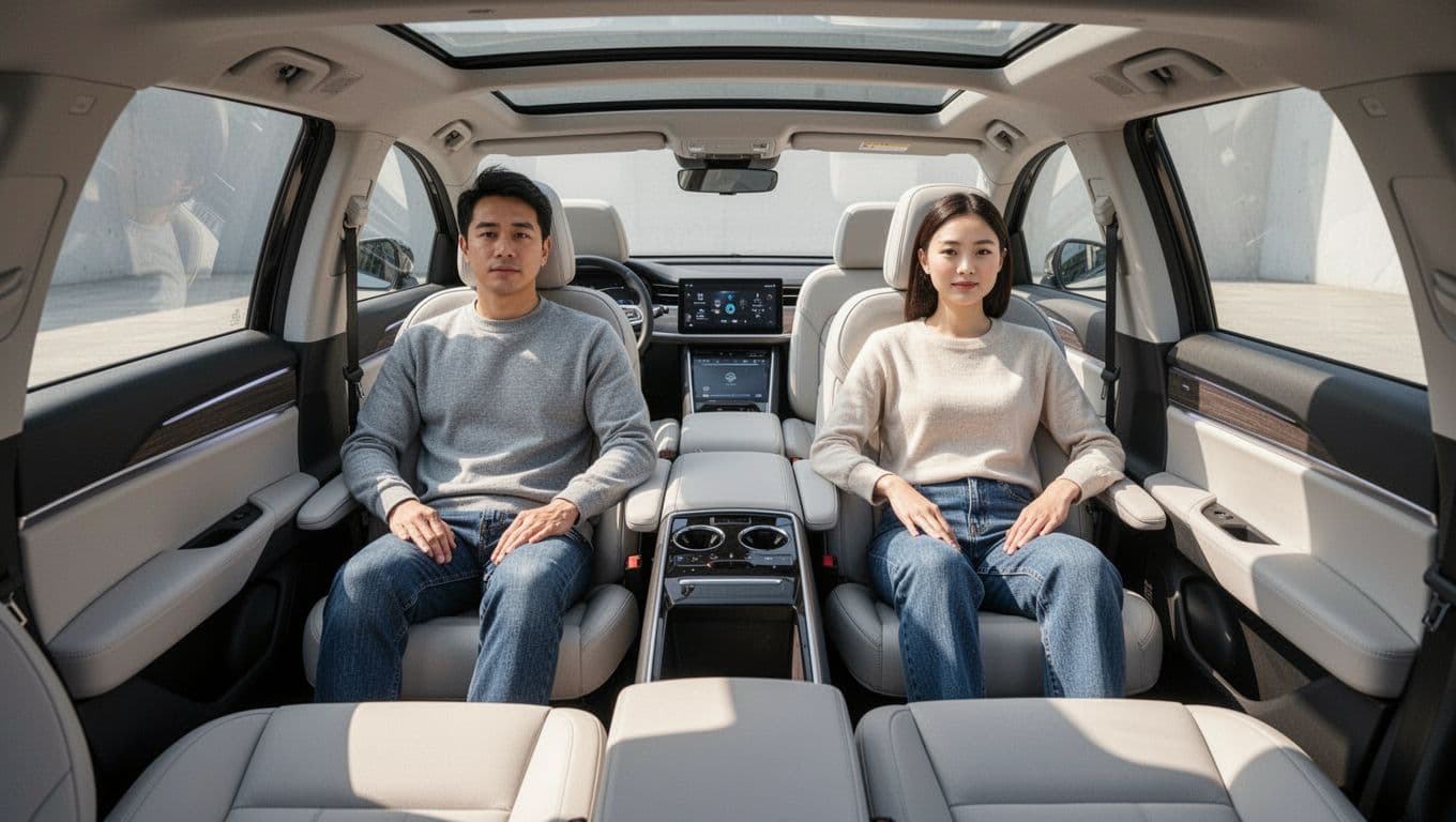 Spacious cabin of Honda Prologue SUV with driver and passenger in front seats, empty rear seats, modern dashboard illuminated by natural daylight from windows.