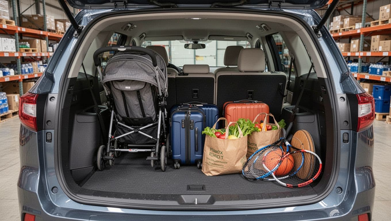 Spacious cargo area in a boxy midsize SUV with third row seats folded flat, loaded with two strollers, suitcases, grocery bags, and sports gear under natural warehouse lighting.