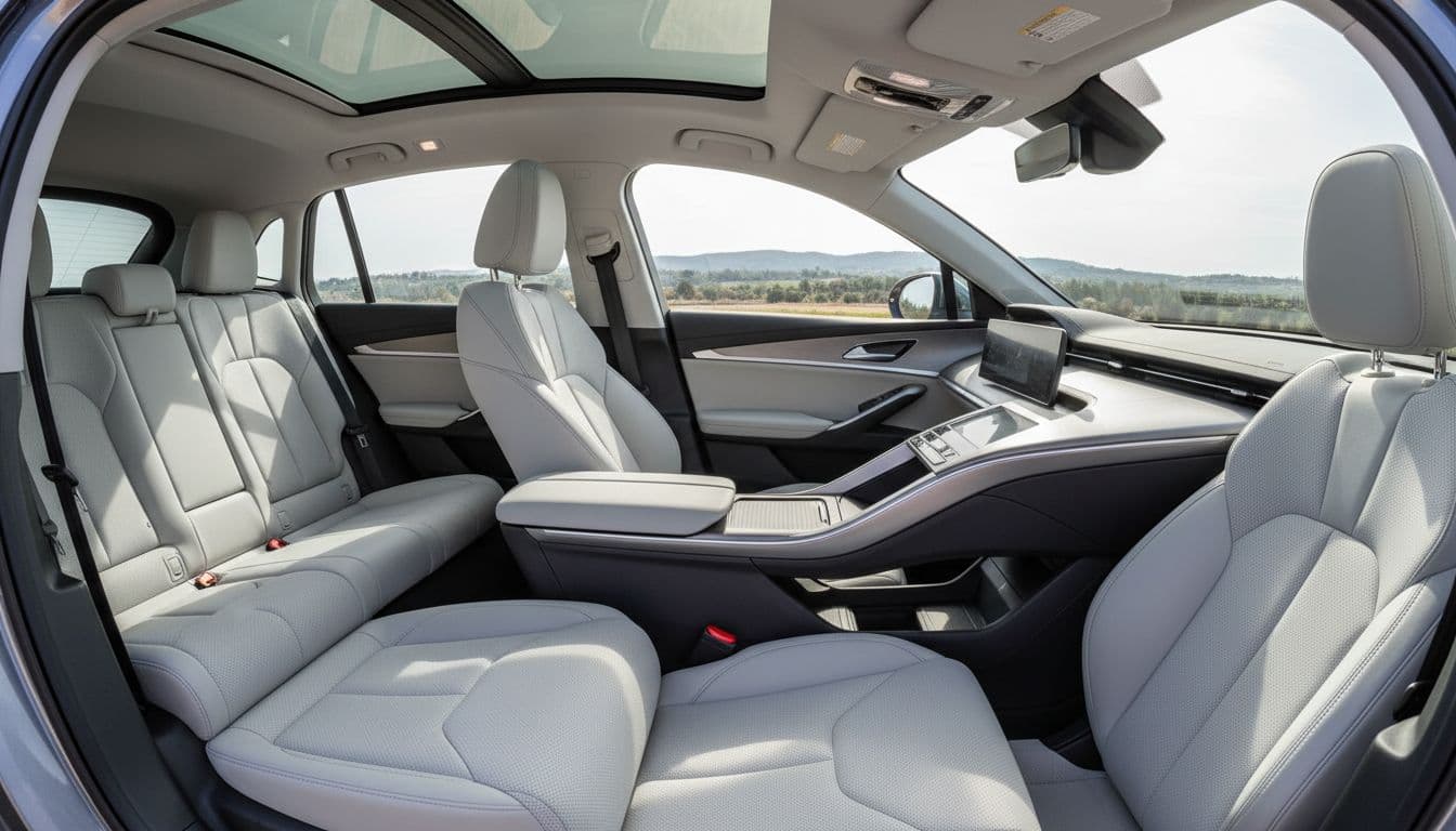 A realistic photo of a spacious modern car interior featuring front and rear seats, generous rear legroom, clean dashboard, and natural daylight from windows, emphasizing space and comfort with empty seats.